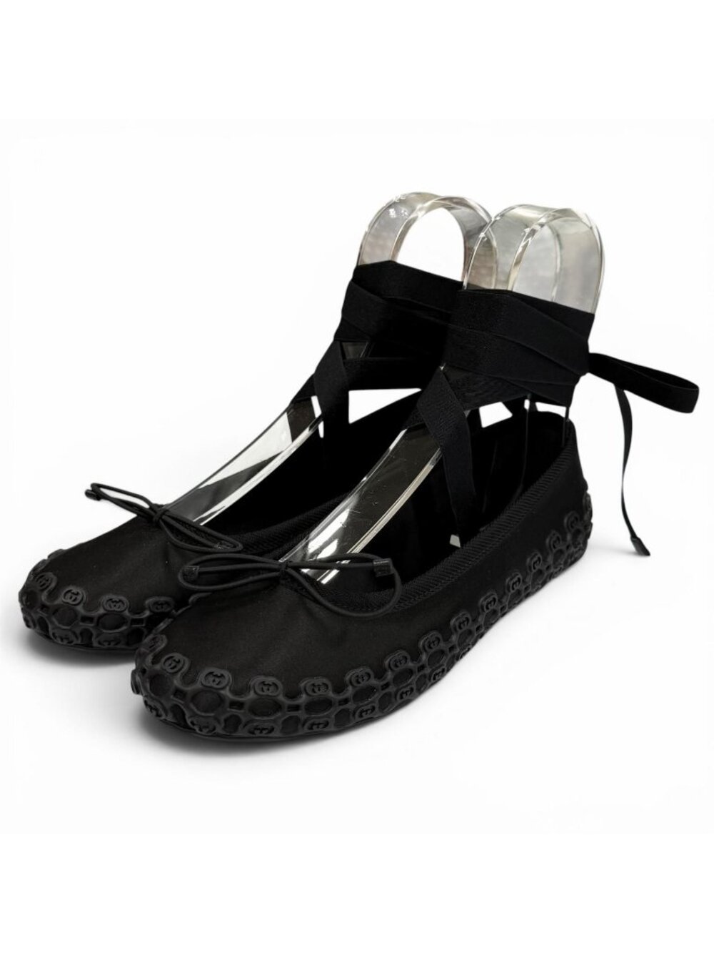 Gucci Satin Interlocking G Ribbon Lace Up Ballet Shoes Black Box 36